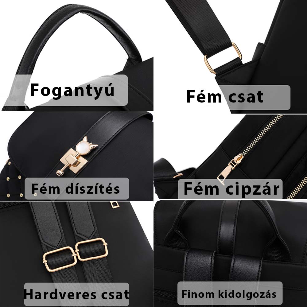 Dollcini Lopásgátló Nylon Hátizsák – Nagy Kapacitású Campus Hátizsák, Arany díszítéssel