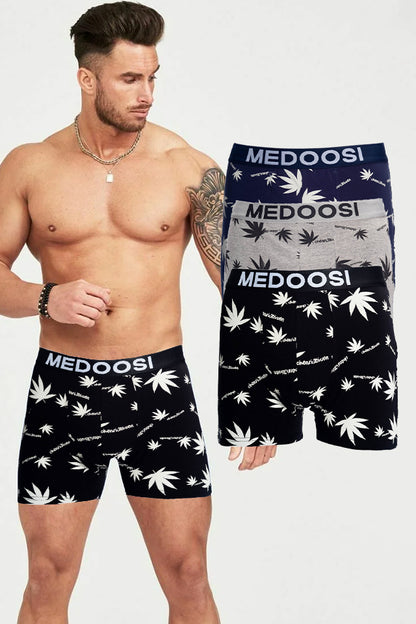 Dollcini Légáteresztő Pamut Férfi Boxeralsó - 95% Pamut, Levélmintás, 3 darabos szett