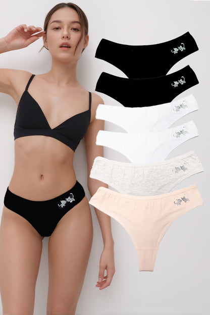 Dollcini, Tanga női bugyi, Cicamintás női bugyi, 95% Pamut + Spandex, Többszínű, 6 db-os Csomag